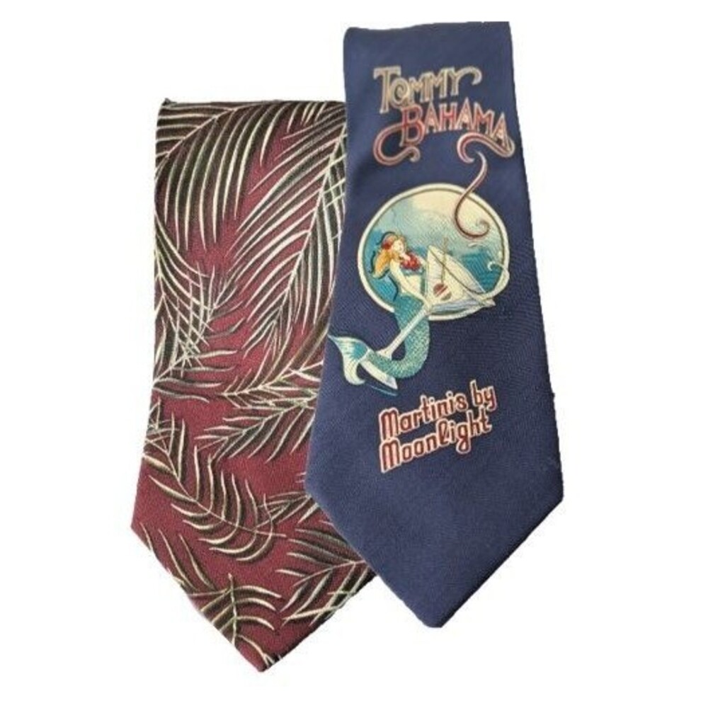 VTG TOMMY BAHAMA Necktie Blue Maroon MARTINIS BY MOONLIGHT Palm Leaves LOT OF 2